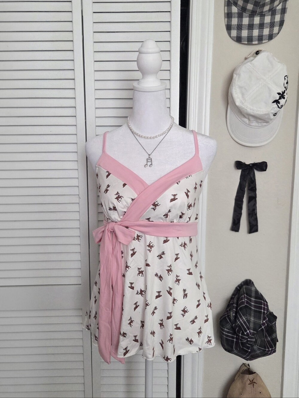 White & pink coquette deer print babydoll cami